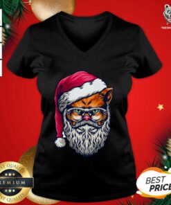 Pretty Xmas Wildcat Santa Claus Christmas Wearing Glasses V-neck - Design By Teeshirtbear.com