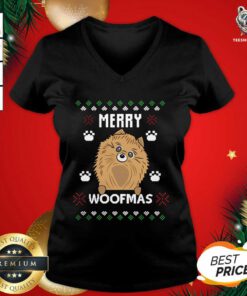 Merry Christmas Woofmas Pomeranian Dog Gift Ugly Christmas V-neck - Design By Teeshirtbear.com
