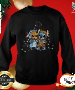 Baby Groot And Baby Stitch Happy Light Christmas Sweatshirt - Design By Teeshirtbear.com