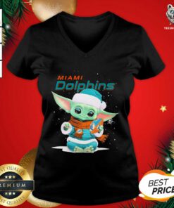 Baby Yoda Play Rugby Miami Dolphins Merry Christmas V-neck - Design By Teeshirtbear.com