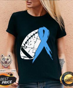 Football Tackle Prostate Cancer Awareness Light Blue Ribbon Warrior Support Survivor V-neck - Design By Teeshirtbear.com