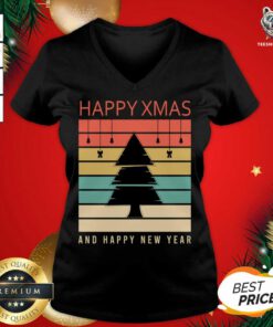 Happy Christmas And Happy New Year Christmas Tree Cartoon V-neck - Design By Teeshirtbear.com