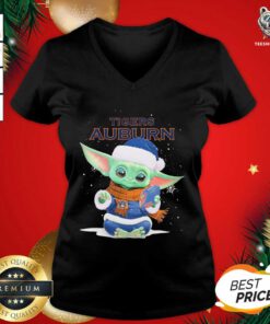 Baby Yoda Play Rugby Tigers Auburn Merry Christmas V-neck - Design By Teeshirtbear.com
