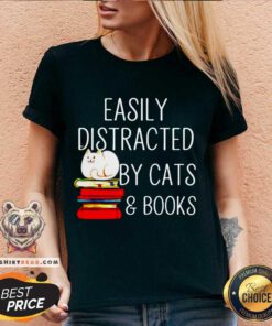 Easily Distracted By Cats And Books V-neck - Design By Teeshirtbear.com