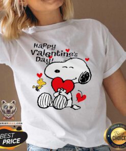 Snoopy Hug Heart And Woodstock Happy Valentine’s Day V-neck - Design By Teeshirtbear.com
