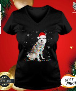 Siberian Husky Santa Christmas Tree Lights Xmas V-neck - Design By Teeshirtbear.com
