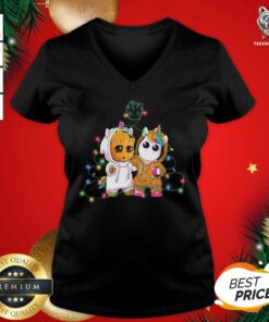 Baby Groot And Baby Unicorn Merry Christmas V-neck - Design By Teeshirtbear.com