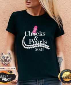 Appalled Kamala Harris Chucks And Pearls 2021 Pink Converse V-neck - Design by Teeshirtbear.com