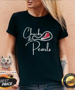 Confident Kamala Harris Chucks And Pearls 6 Red Converse V-neck - Design by Teeshirtbear.com