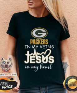 Green Bay Packers In My Veins Jesus In My Heart V-neck - Design By Teeshirtbear.com