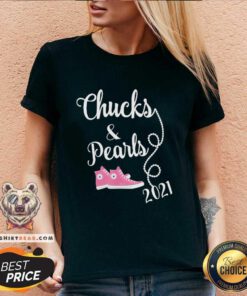 Hurt Converse Sneakers Chucks And Pearls 2021 Kamala Harris V-neck - Design by Teeshirtbear.com