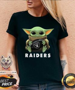 Baby Yoda Hug Oakland Raiders V-neck - Design By Teeshirtbear.com