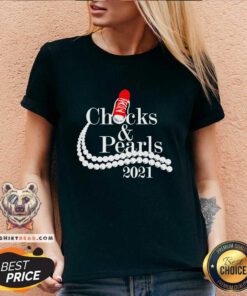 Overjoyed Kamala Harris Chucks And Pearls 2021 Red Converse V-neck - Design by Teeshirtbear.com