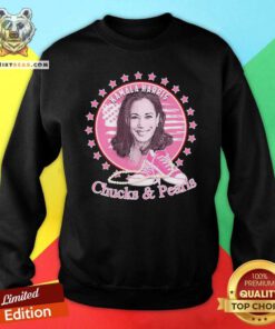 Overwhelmed Kamala Harris Chucks And Pearls 2021 Pink America Sweatshirt - Design by Teeshirtbear.com