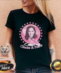 Overwhelmed Kamala Harris Chucks And Pearls 2021 Pink America V-neck - Design by Teeshirtbear.com