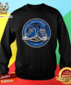 Positive Vice President Kamala Harris Blue Chucks And Pearls 2021 Sweatshirt - Design by Teeshirtbear.com