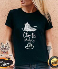 Reluctant Kamala Harris Chucks And Pearls 2021 Snacker Converse V-neck - Design by Teeshirtbear.com