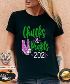 Scared Kamala Harris Chucks And Pearls 2021 V-neck - Design by Teeshirtbear.com