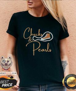 Suspicious Kamala Harris Chucks And Pearls Orange 5 Converse V-neck - Design by Teeshirtbear.com
