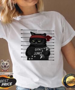 Cool Black Cat Gym Junky V-neck - Design by Teeshirtbear.com