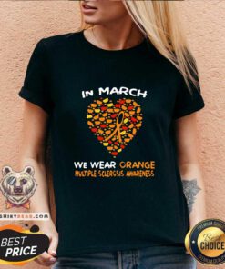 Heart In March We Wear 1 Orange Multiple Sclerosis Awareness V-neck - Design by Teeshirtbear.com