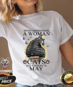 Never Underestimate A Woman Who Loves Cats 4 Butterflies V-neck - Design by Teeshirtbear.com