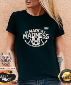 Top Utah State Aggies 2021 NCAA Basketball Tournament March Madness Bound Ticket V-neck