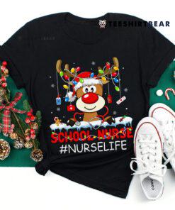 Christmas School Nurse Life Reindeer Lights Xmas Pjs Holiday Shirt