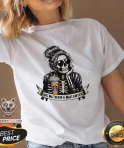 Happy Just Waiting For Halloween Spooky Season Skeleton Coffee V-neck