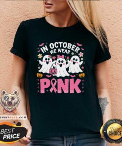 Top In October We Wear Pink Ghost Witch Breast Cancer Awareness V-neck