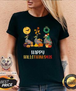 Pretty Duck Halloween And Merry Christmas Happy Hallothanksmas V-neck