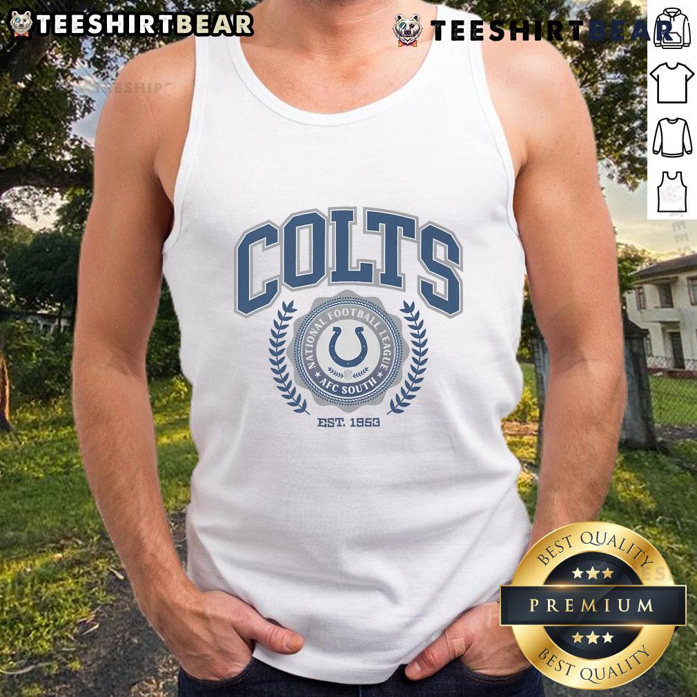 Alt Text: Awesome Indianapolis Colts Team Crest Est. 1953 tank top featuring the iconic Colts logo and stylish design.