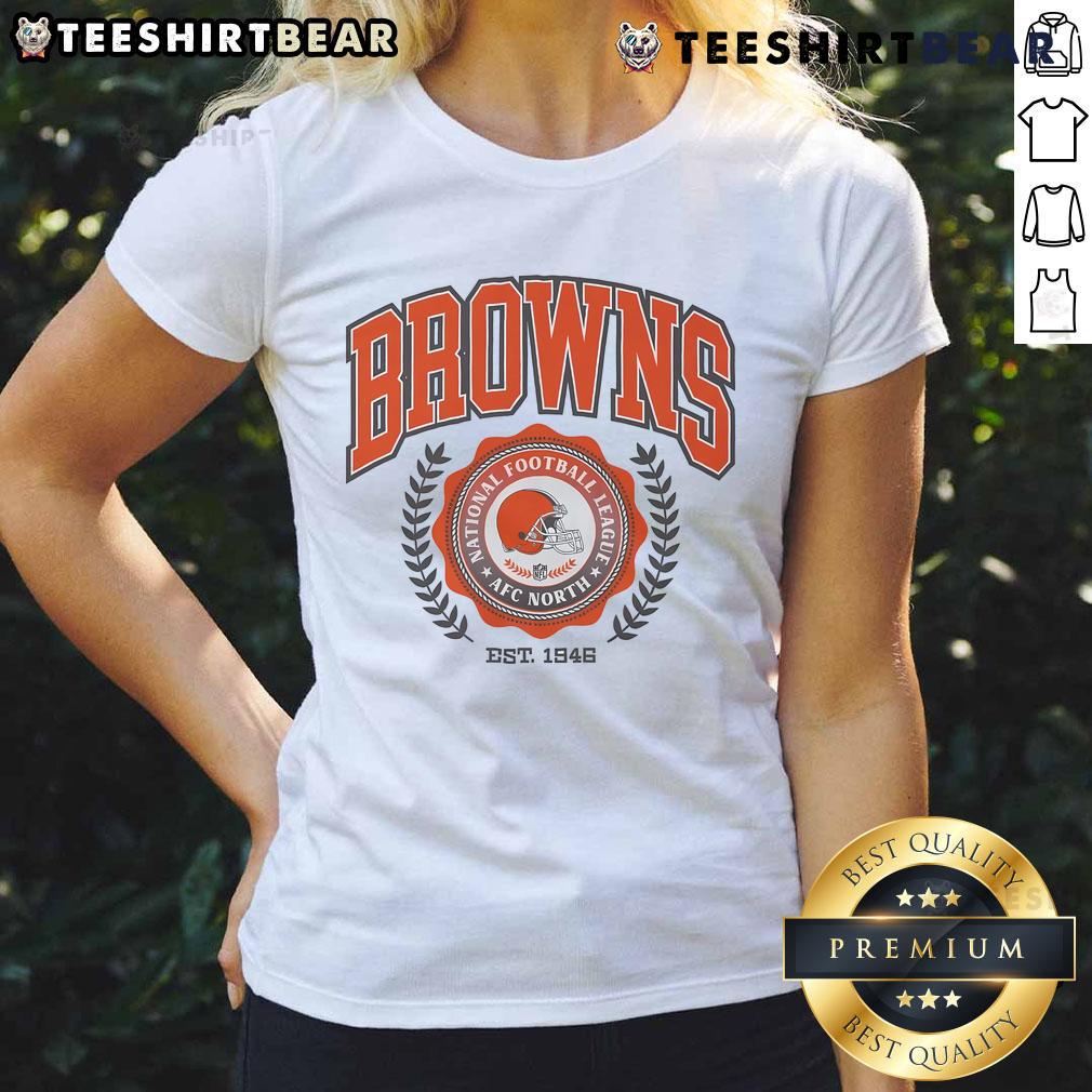 Alt Text: Cleveland Browns Team Crest established in 1946 on a stylish ladies tee, perfect for fans and casual wear.