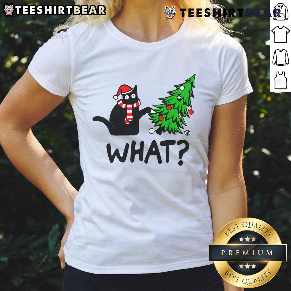 Cute cat design on a ladies tee for Christmas, perfect for festive feline lovers and holiday celebrations.