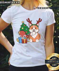 Cute Corgi dog dressed as Santa Reindeer wearing a Christmas gift tee for ladies, perfect for festive celebrations.