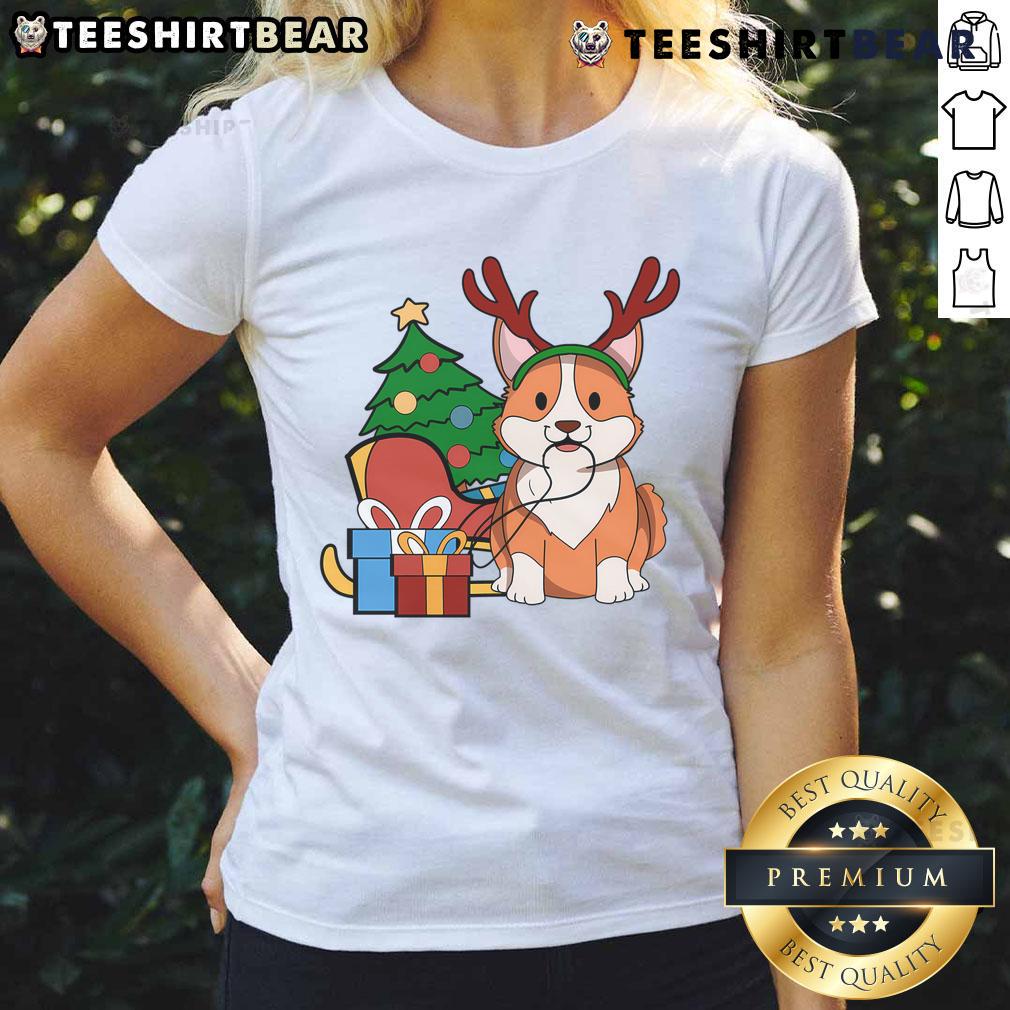 Cute Corgi dog dressed as Santa Reindeer wearing a Christmas gift tee for ladies, perfect for festive celebrations.