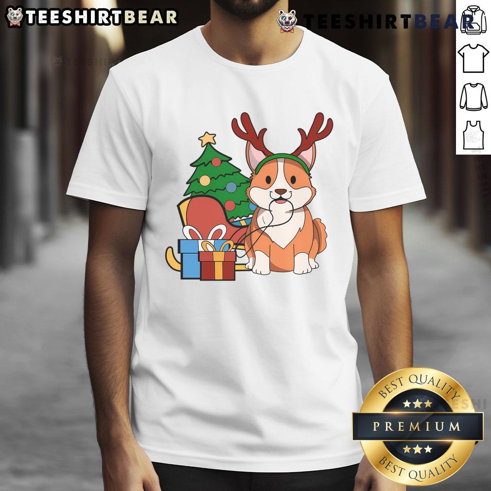 Alt Text: Cute Corgi dog dressed as Santa reindeer on a Christmas gift t-shirt, perfect for holiday pet lovers.