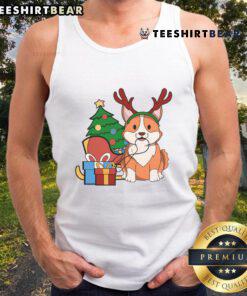 Cute Corgi dog dressed as Santa and reindeer, perfect for holiday cheer, wearing a Christmas gift tank top.