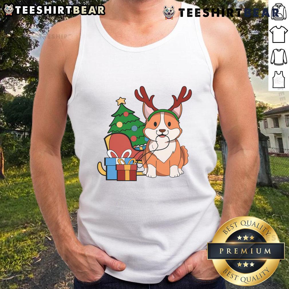 Cute Corgi dog dressed as Santa and reindeer, perfect for holiday cheer, wearing a Christmas gift tank top.