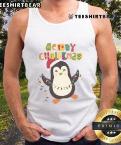 Cute penguin wearing a Santa hat on a Merry Christmas tank top, perfect for holiday celebrations and festive outfits.