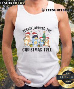 Funny Bluey Rockin' Around The Christmas Tree holiday tank top featuring playful cartoon design for festive cheer.