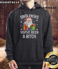 Funny Santa Claus Christmas hoodie featuring a humorous design that says, Santa knows you've been a bitch. Perfect for the holidays!