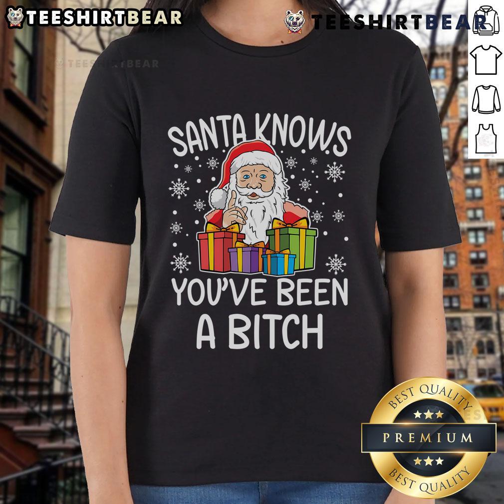Funny Santa Claus Christmas ladies' tee featuring 'Youve Been A Bitch' design for a humorous holiday statement.