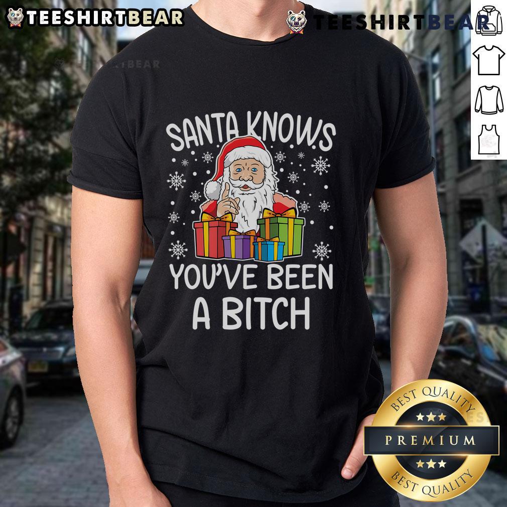 Funny Santa's Know You've Been A Bitch Christmas T-Shirt featuring a humorous Santa design for holiday festivities.