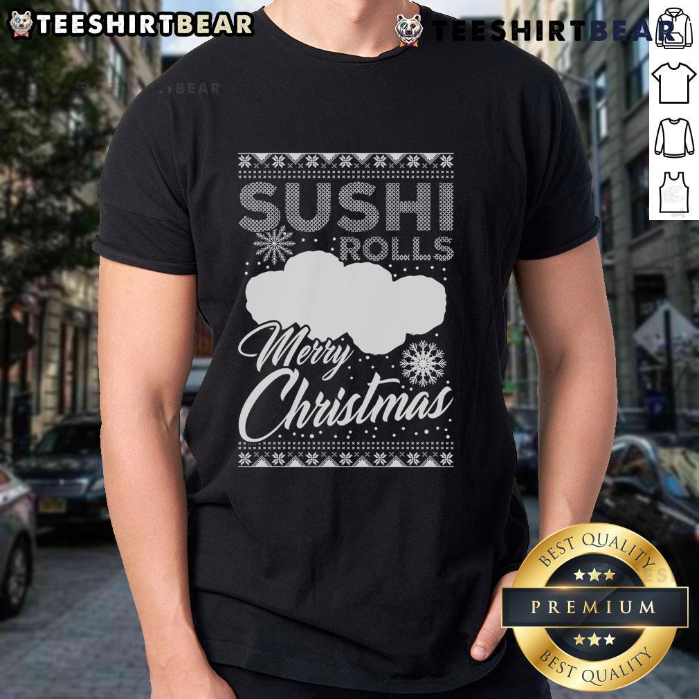 Funny sushi design on an ugly Christmas style humor T-shirt, perfect for holiday gatherings and festive celebrations.