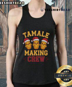 Funny tamale-making crew wearing festive Mexican Christmas tank tops, showcasing holiday spirit and culinary fun.