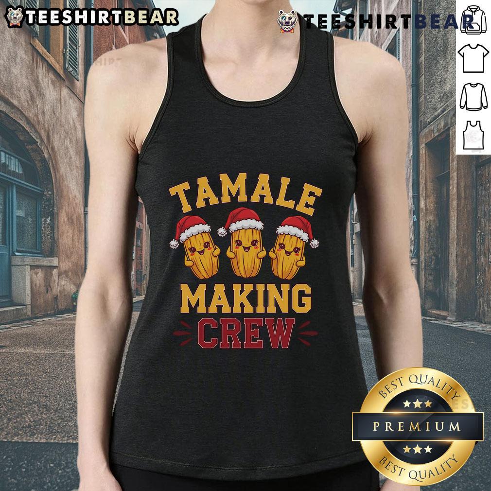 Funny tamale-making crew wearing festive Mexican Christmas tank tops, showcasing holiday spirit and culinary fun.