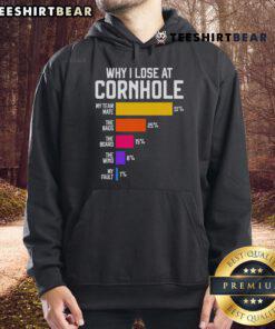 Funny 'Why I Lose at Cornhole' humor hoodie featuring a playful design, perfect for cornhole enthusiasts and gift-givers.