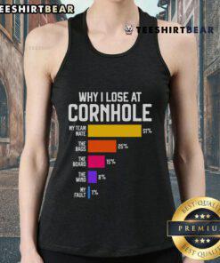 Funny 'Why I Lose at Cornhole' humor tank top featuring playful graphics, perfect for casual outings and cornhole enthusiasts.