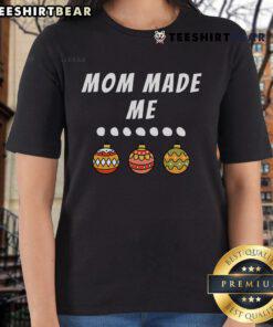 Matching Christmas outfits for family party, featuring a festive ornament design on a ladies' tee made by mom.